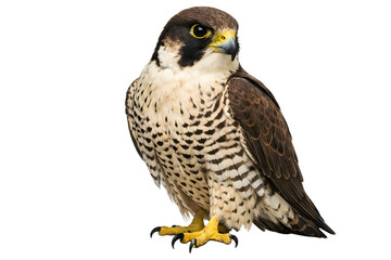 Obraz premium Peregrine falcon bird of prey isolated on white background, majestic raptor with spotted feathers, wild hawk predator for nature education and wildlife design
