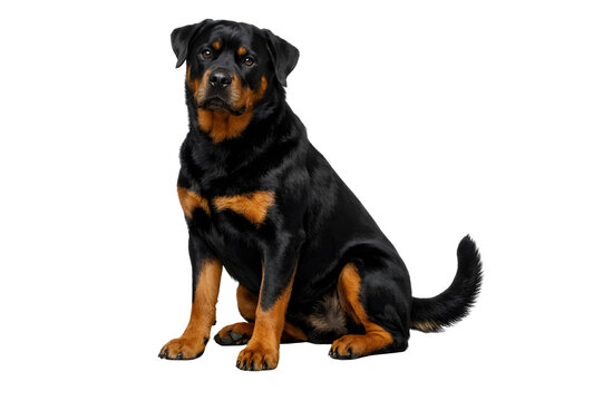 Rottweiler dog sitting on white background, powerful purebred black and tan guard dog, loyal domestic pet portrait, studio shot of adult rottweiler