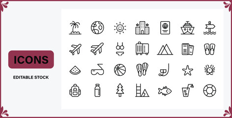Collection of line icons for travel and vacation concepts  various symbols for tourism and leisure activities © Badsha Mollik