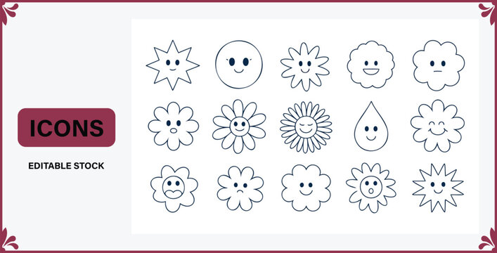 Cute cartoon smiling weather icons of sun cloud rain flower editable stock graphics on white background