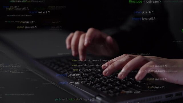Close-up of hands typing on a laptop keyboard surrounded by floating computer code. The image symbolizes technology, programming, and the essence of software development. Xenic