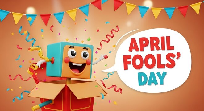 A cheerful cartoon box celebrates april fools' day with colorful decorations