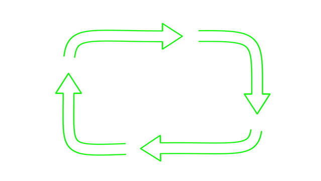 Bright neon green four arrows rectangular cycle loop isolated on white background