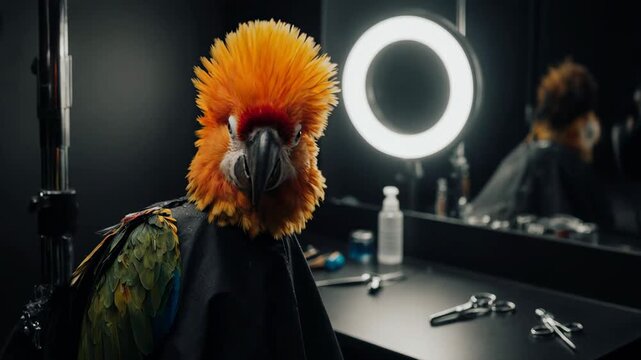 A vibrant parrot wearing a barber cape sits in a salon while a stylist combs its feathers and shapes them into a tall crest under a ring light