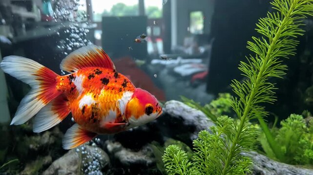 A spotted calico goldfish with large fins swims in an aquarium, passing air bubbles, rocks, and lush plants, while a blurry room is visible behind the glass