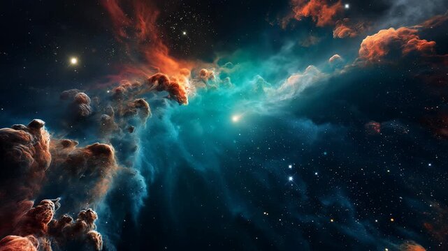 Vast swirls of orange and blue cosmic gas slowly flow and spiral in the endless space illuminated by the light of distant shimmering stars