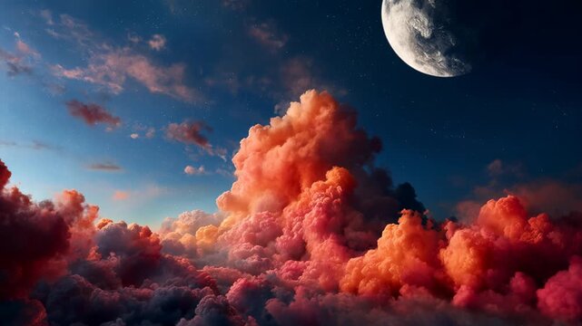 Massive, vibrant orange and pink cumulus clouds slowly drift beneath a deep dark blue star-dusted sky as a gigantic planet hangs in the upper right corner
