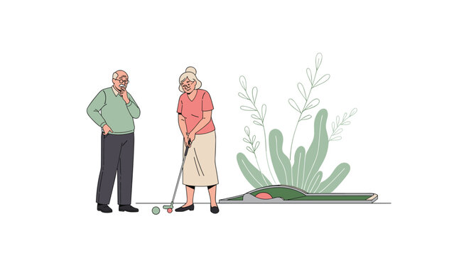 Active senior couple enjoying a game of minigolf together on a sunny day with the woman putting the ball towards the hole carefully.