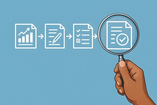 Hand holds a magnifying glass over a completed document with a checkmark, following a visual flowchart representing process and final approval.