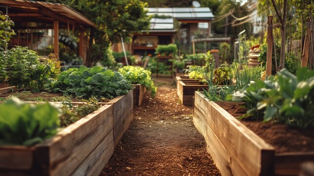Garden Path Between Raised Wooden Beds Backyard