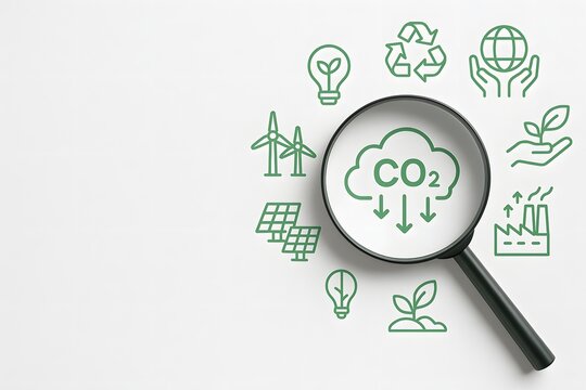 Magnifying glass is prominently placed over a co2 cloud icon, surrounded by various green environmental and renewable energy symbols on a clean white background.