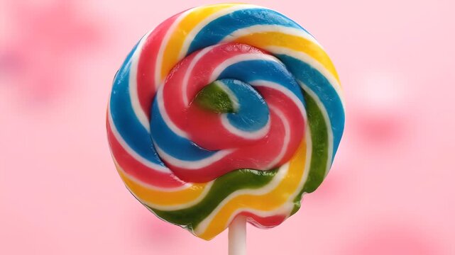 A colorful, spiral-shaped candy with rainbow colors against a soft pink background. The close-up showcases the treat on a white stick