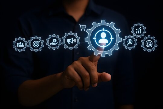 Person's finger interacts with a glowing gear icon featuring a target audience symbol, surrounded by digital marketing and business icons.