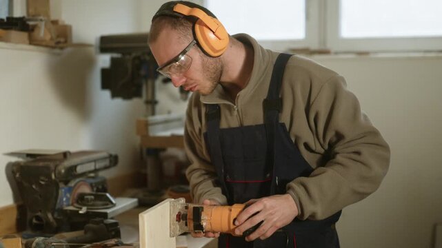 A skilled carpenter meticulously operates a wood router on a workpiece in a well-equipped workshop. The craftsman demonstrates precision and dedication to his woodworking project.
