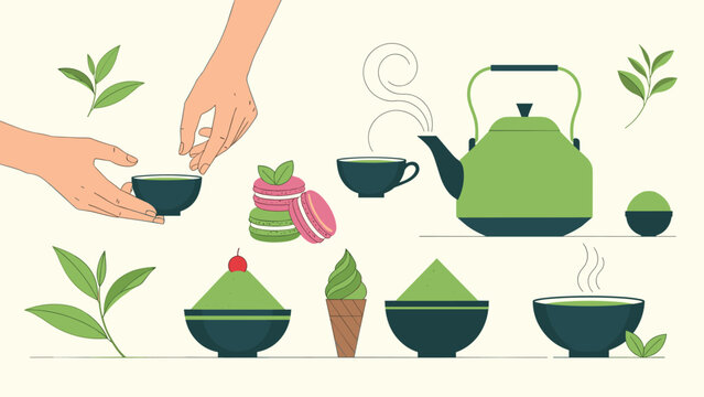 Elegant tea set illustration featuring a green kettle with steaming cups and sweet snacks like colorful macarons and ice cream.