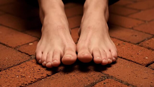 Bare feet on brick pathway surface, walking barefoot outside