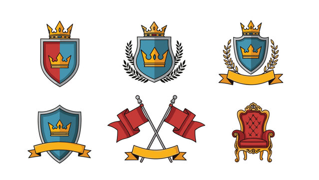 Set of regal heraldic emblems featuring ornate shields with golden crowns, crossed red flags, and a luxurious velvet throne for noble designs.