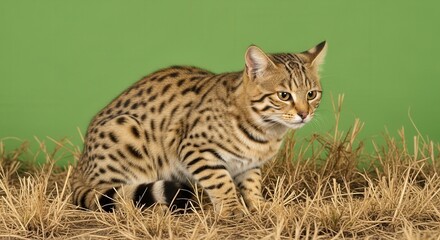 Naklejka premium Wild Forest Cat Resting on Dry Grass in Natural Habitat