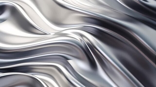Smooth silver liquid metal waves undulating rhythmically, abstract motion design, reflective surface animation, digital fluid simulation, seamless loop visual.