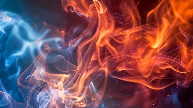 Fiery orange flames and cool blue smoke swirl and collide in fluid motion, abstract elemental dance, visual effects, kinetic energy, atmospheric art.