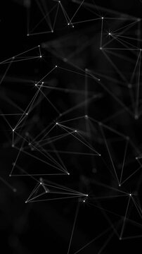 Black and white Plexus tech background with glowing connecting lines and data nodes. Digital data network connections concept. This vertical technology animation is full HD and a seamless loop.
