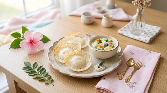 Authentic South Indian Appam with Vegetable Stew Breakfast - Traditional Kerala Pancakes and Creamy Coconut Milk Curry on Kawaii Style Cafe Table