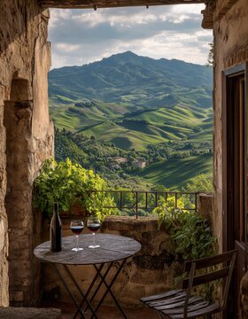 Una mesa con vino y una vista impresionante de las colinas toscanas.