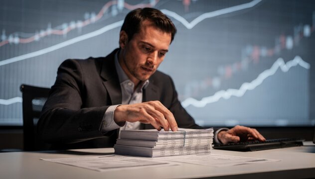 Interest rate futures specialist in medium shot adjusting contracts focused gaze and hand movement with blurred financial graphs spotlighting rollover adjustments.