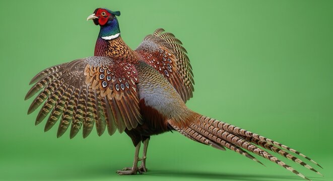 Vibrant Ring-necked Pheasant with Expanded Wings on Green Background