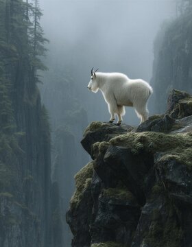 Un majestuoso carnero de las nieves se alza sobre un precipicio cubierto de musgo, dominando un paisaje monta&ntilde;oso envuelto en la bruma.
