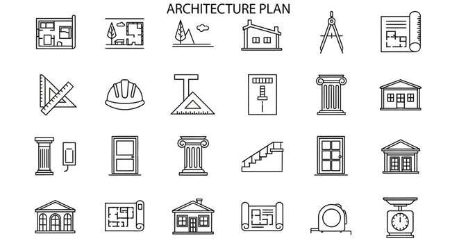 Architectural blueprint icons set with detailed structure illustrations for design projects