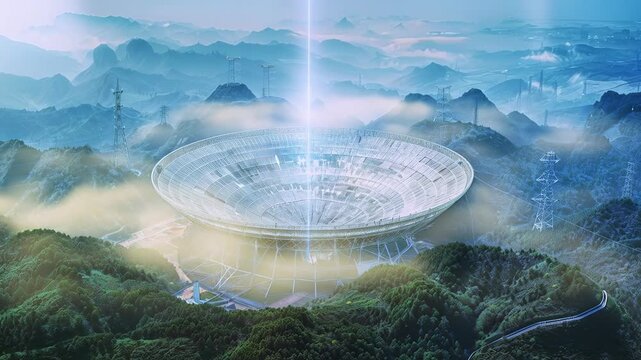 Massive radio telescope transmitting data into space, observatory dish, deep space communication, radio astronomy, scientific research facility, mountainous terrain, atmospheric glow.