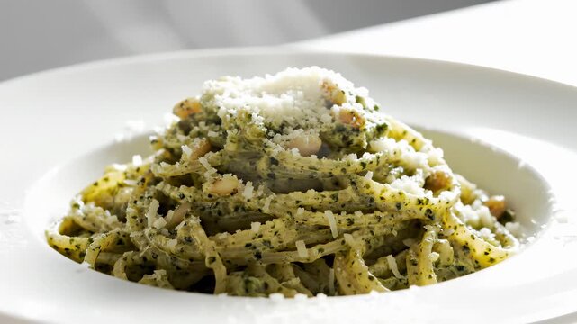 Delicious pasta preparation with pesto sauce. Chef sprinkles cheese over freshly cooked pasta. Culinary art captured in modern kitchen setting. Enjoy mouthwatering flavors.