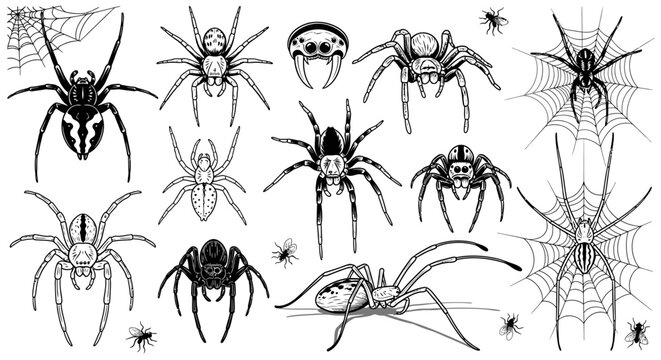 Variety pack of different spider species and webs presented as sketches.
