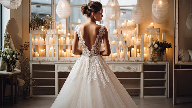 Woman in elaborate bridal gown rotating gently, wedding dress showcase, bridal portrait, fashion, romantic setting, lace gown, elegant silhouette.