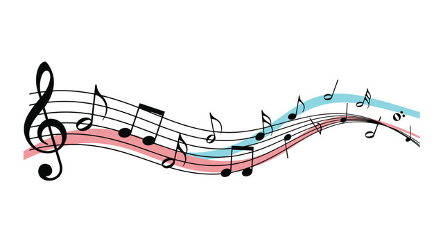 Flowing wave of musical notes and symbols on a staff with soft red and blue background accents for melody.