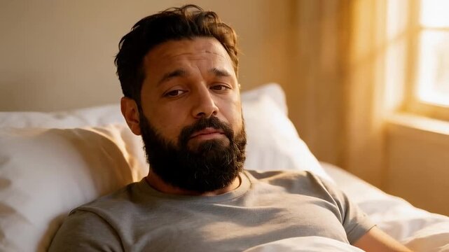 A man with a full beard appears distressed and weary, his gaze fixed forward in a softly illuminated indoor setting