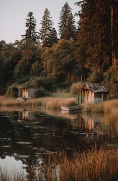 Una imagen evocadora de caba&ntilde;as r&uacute;sticas reflejadas en un lago tranquilo, rodeadas de un denso bosque.