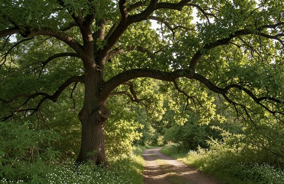 Un camino sinuoso se adentra en un bosque frondoso, dominado por un roble majestuoso.
