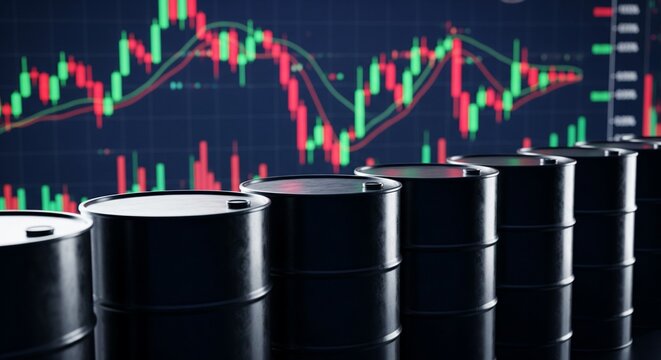 Black oil barrels lined up in front of a blurry stock market trading chart graph