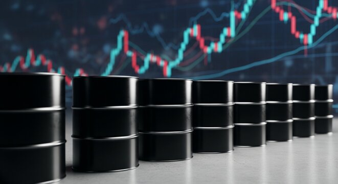 Black oil barrels lined up in front of a blurry stock market graph with rising trend
