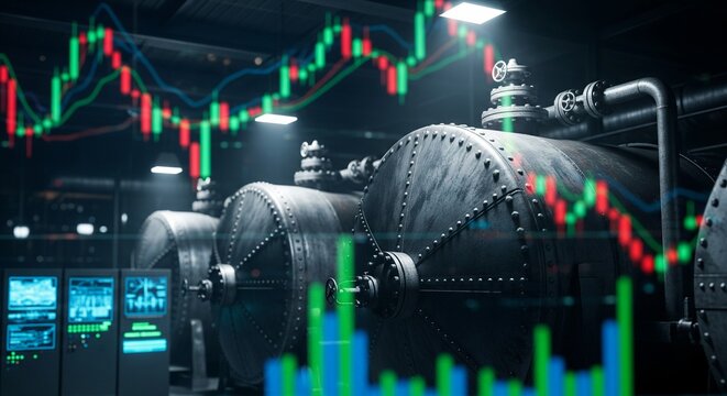 Industrial machinery with overlay of stock market trading candlestick charts and bar graphs