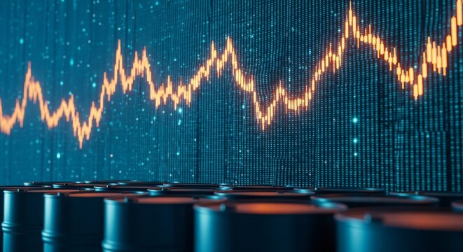 Oil barrel commodity trading graph with rising trend and digital background