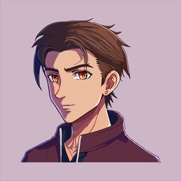 This captivating anime-style illustration features a young man with striking brown hair and vibrant orange eyes, portraying a calm and thoughtful demeanor, ideal for avatars, character design, or arti