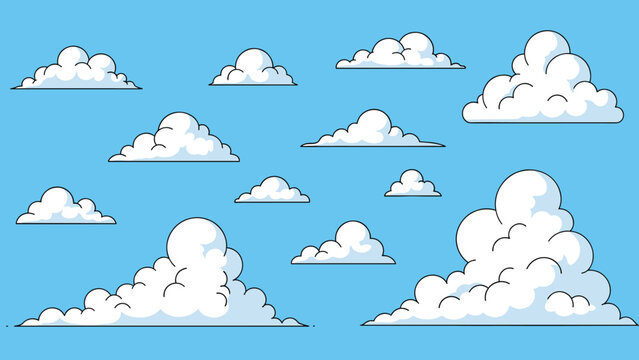 Collection of fourteen different white puffy cloud shapes set against a solid bright blue sky background in a simple cartoon style.