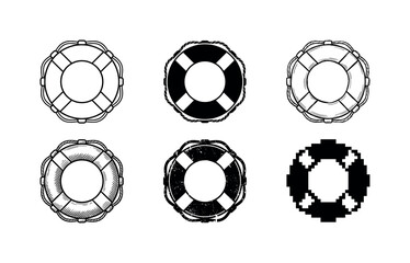 Six lifebuoy icons in monochrome style
