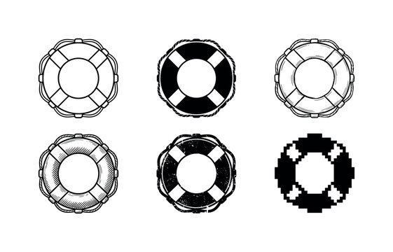 Six lifebuoy icons in monochrome style