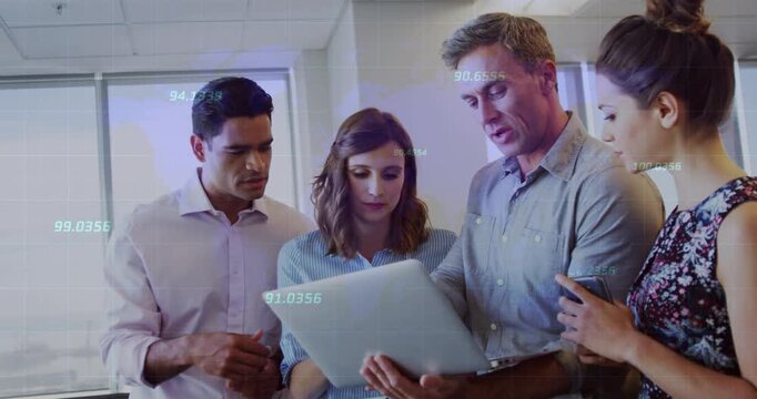 Vertical video: Opening laptop man in gray shirt reviewing data on screen by window, phones HUD