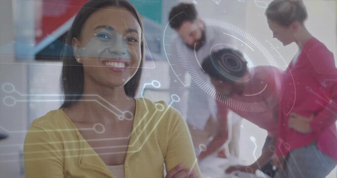 Vertical video: HUD on, woman in yellow cardigan opening eyes folding arms at meeting, copy space