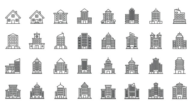 Grid of thirty-two simple black outline icons representing various building types from small houses to large urban skyscrapers.